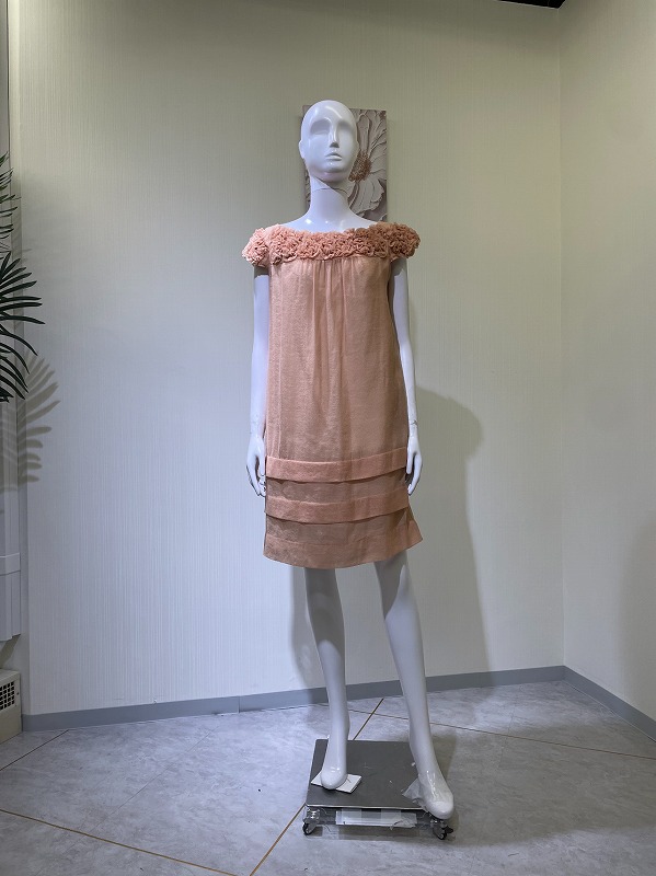 【レンタルドレス 4055】立体フラワーモチーフオフショルティアードフレアミディアムドレス オレンジ